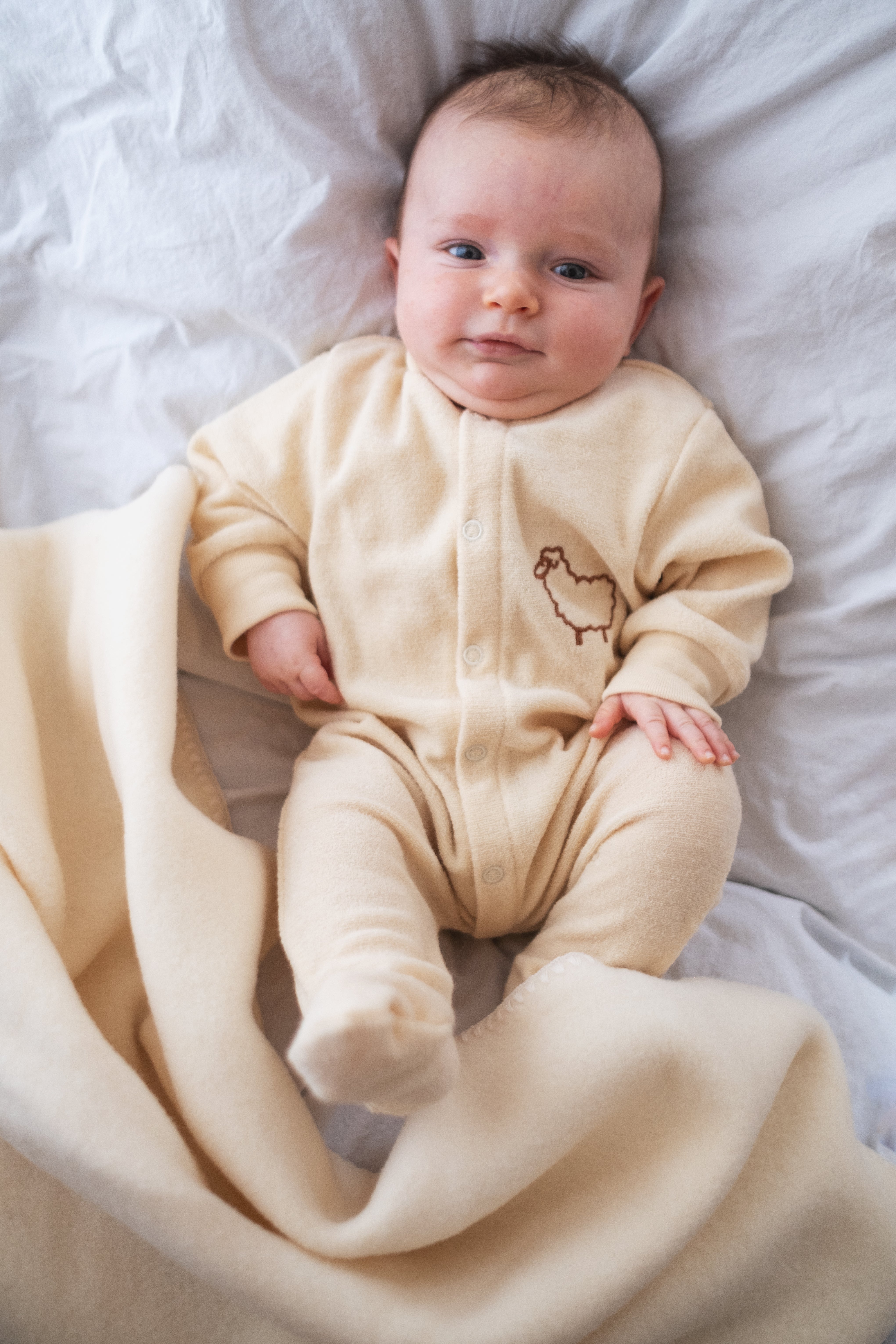 Engel Natur - Wol Pyjama-overall met Voetjes, Schaapje Borduursel - Naturel
