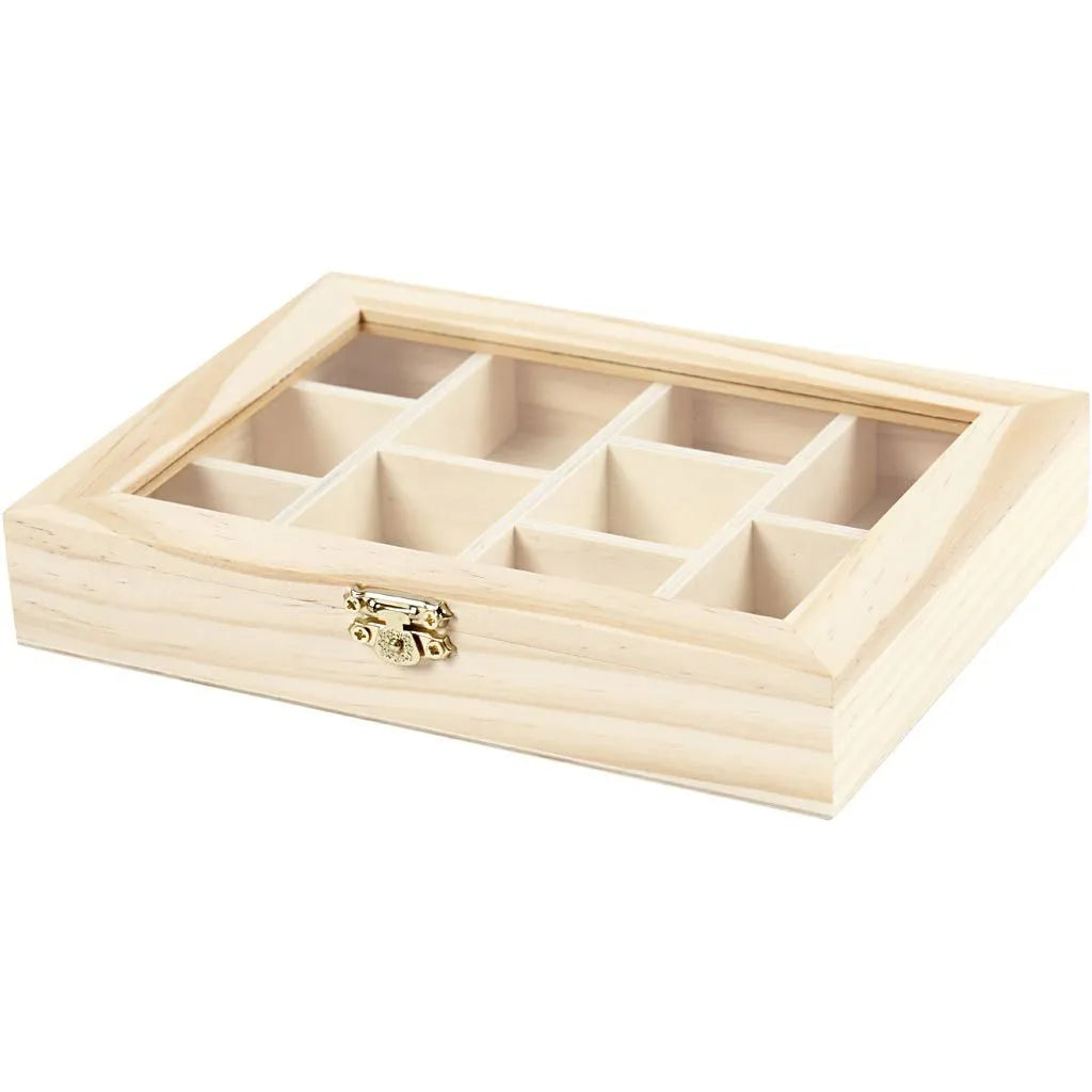Houten sorteerbakje (10 vakken) met doorzichtige deksel