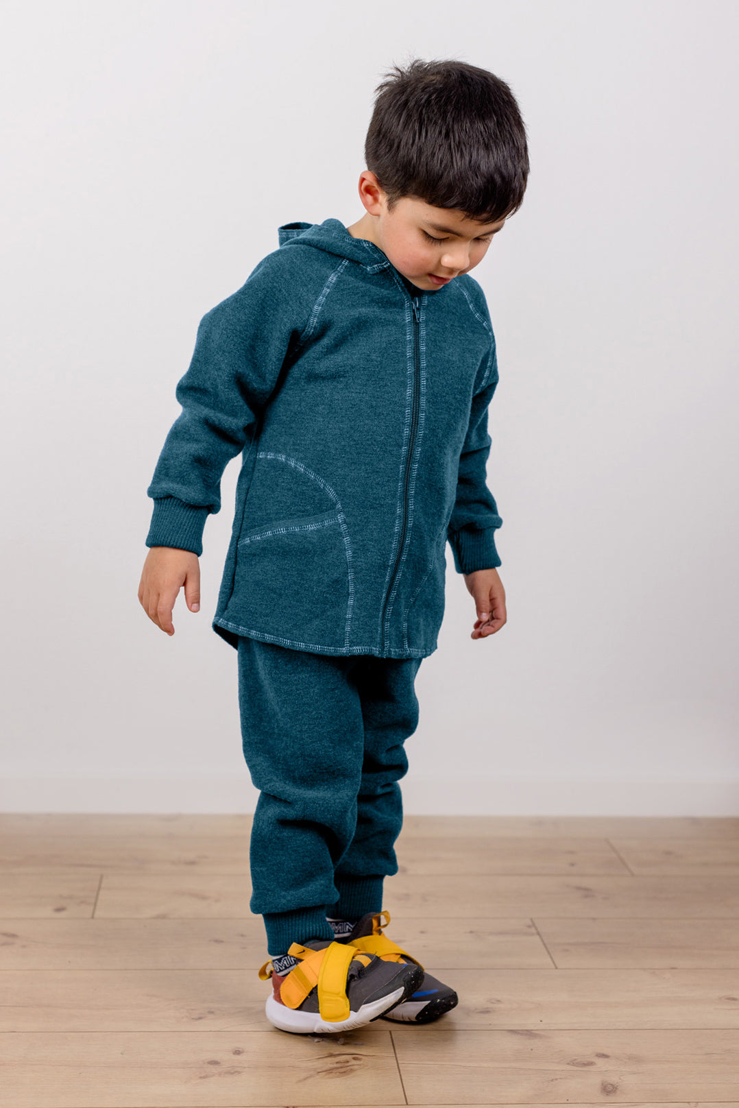 Engel Natur - Wol Baby Capuchonvest met Rits - Pacifisch Blauw Mélange