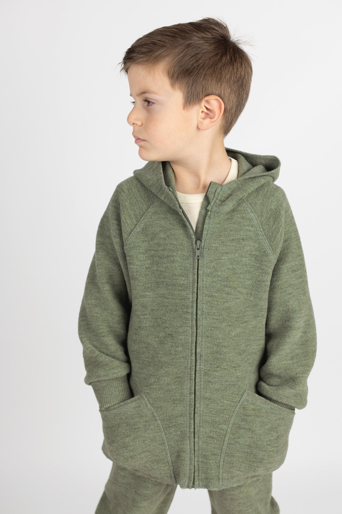 Engel Natur - Wol Baby Capuchonvest met Rits - Saliegroen Mélange