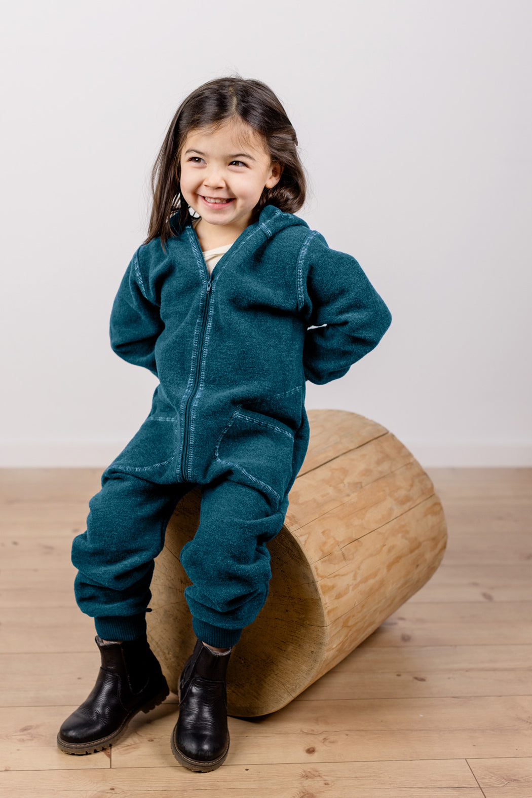Engel Natur - Wol Baby Capuchon-overall met Rits - Pacifisch Blauw Mélange