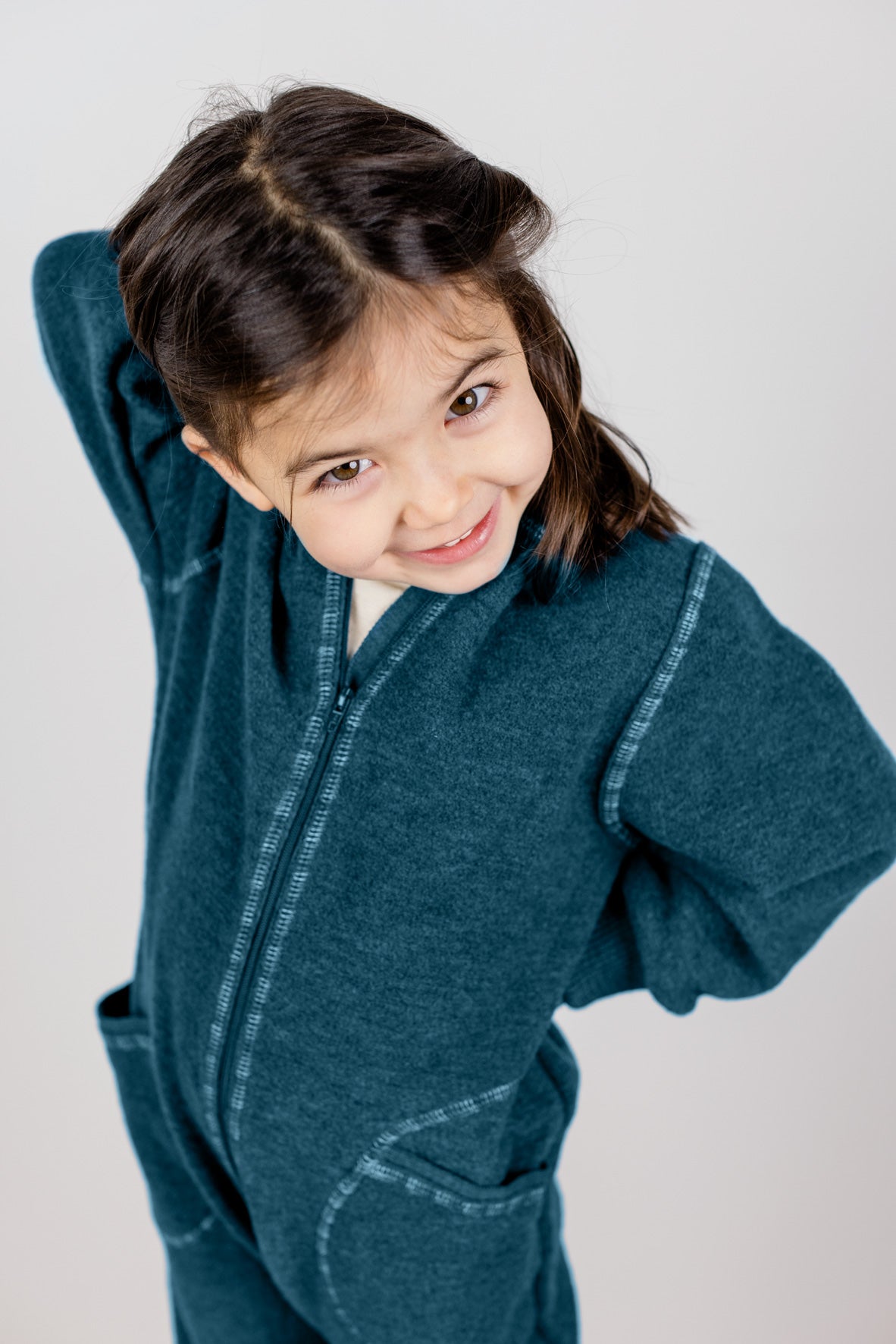 Engel Natur - Wol Baby Capuchon-overall met Rits - Pacifisch Blauw Mélange
