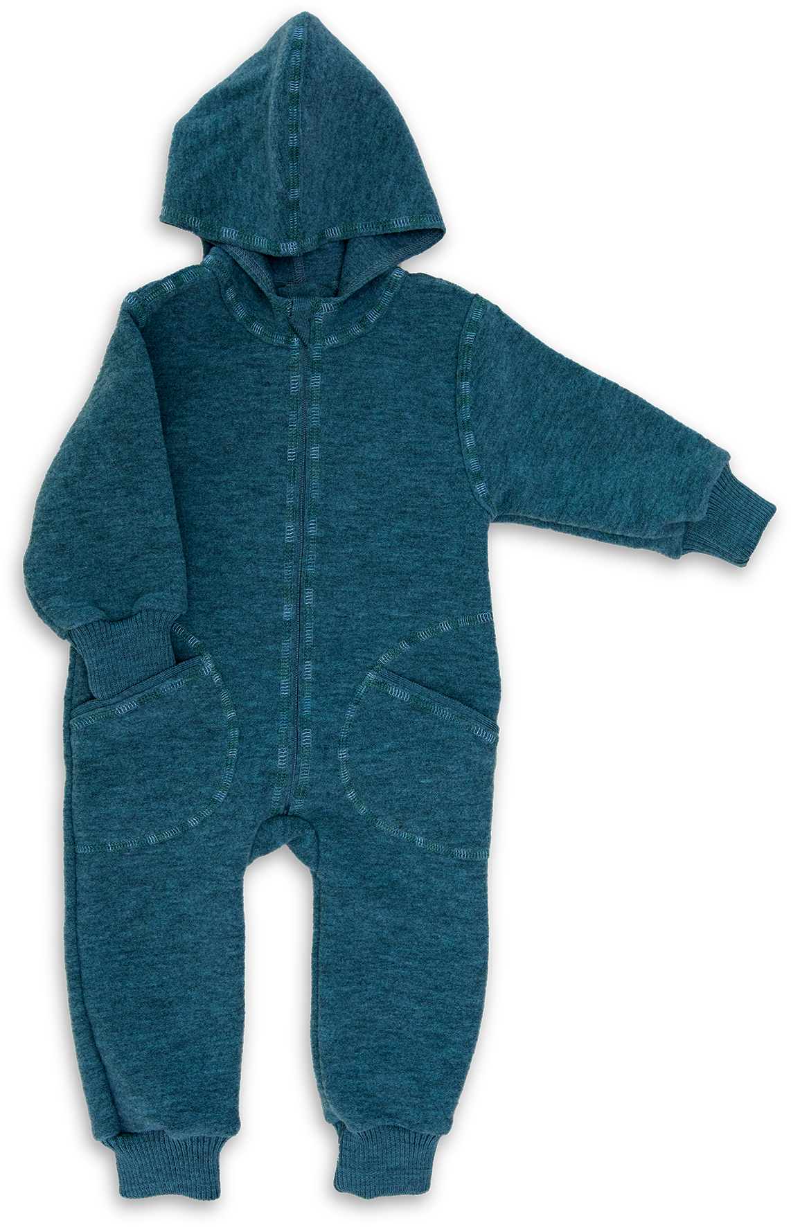 Engel Natur - Wol Baby Capuchon-overall met Rits - Pacifisch Blauw Mélange
