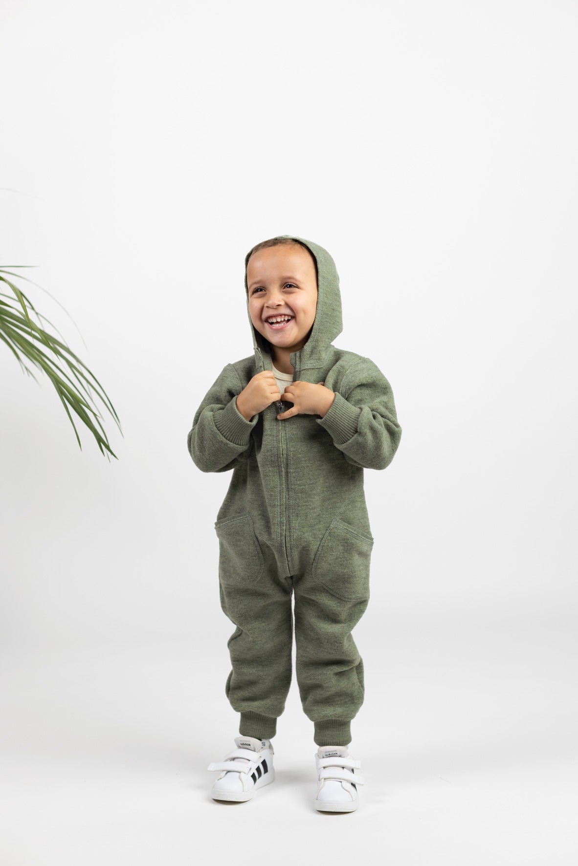 Engel Natur - Wol Baby Capuchon-overall met Rits - Saliegroen Mélange