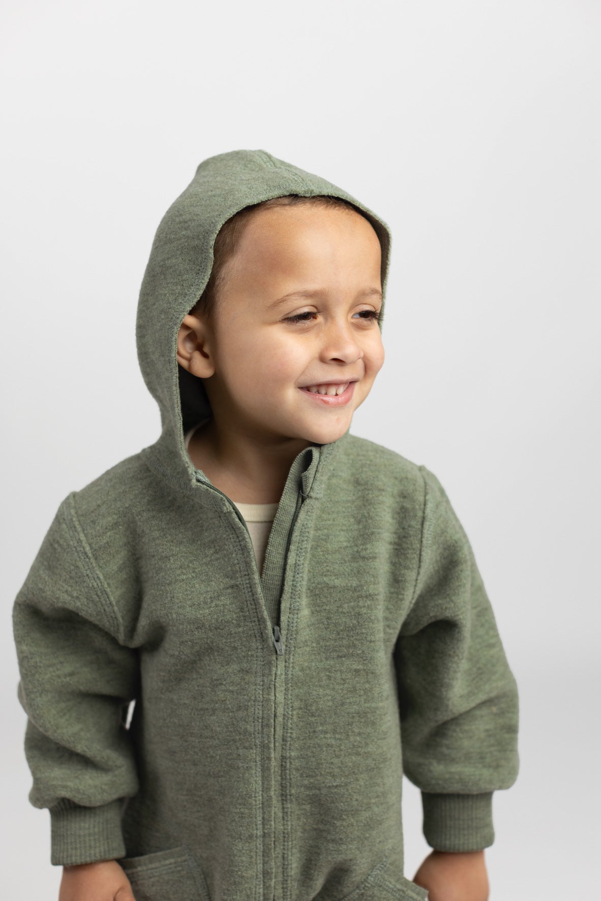 Engel Natur - Wol Baby Capuchon-overall met Rits - Saliegroen Mélange