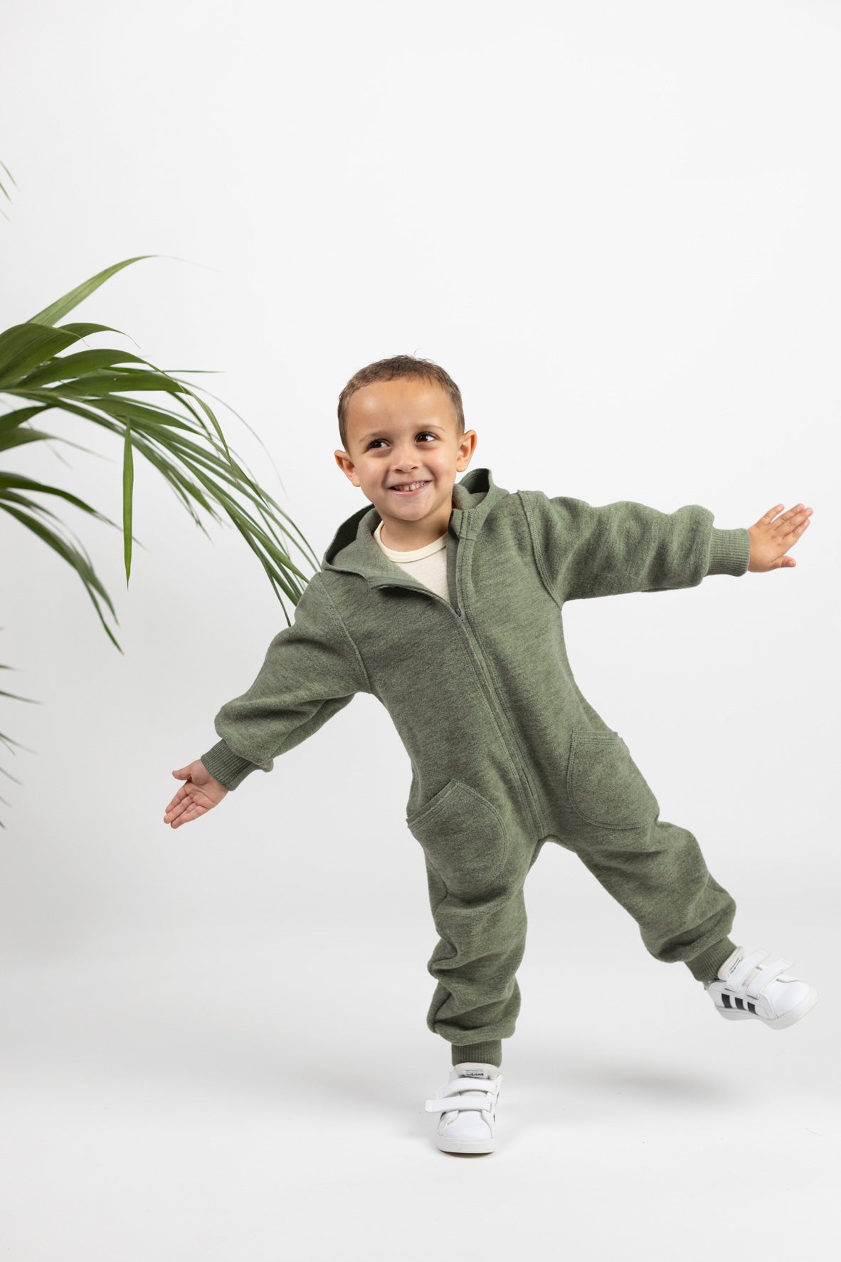Engel Natur - Wol Baby Capuchon-overall met Rits - Saliegroen Mélange