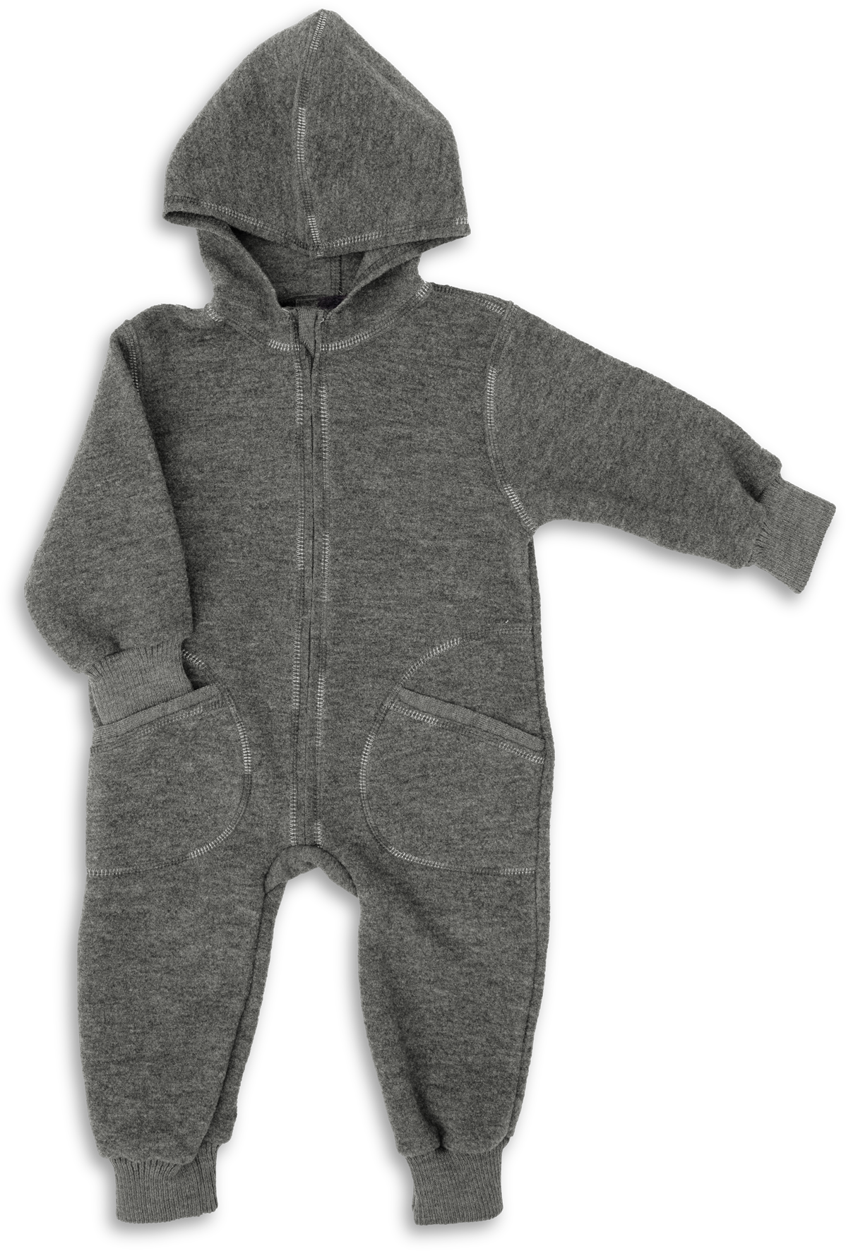 Engel Natur - Wol Baby Capuchon-overall met Rits - Lavagrijs Mélange