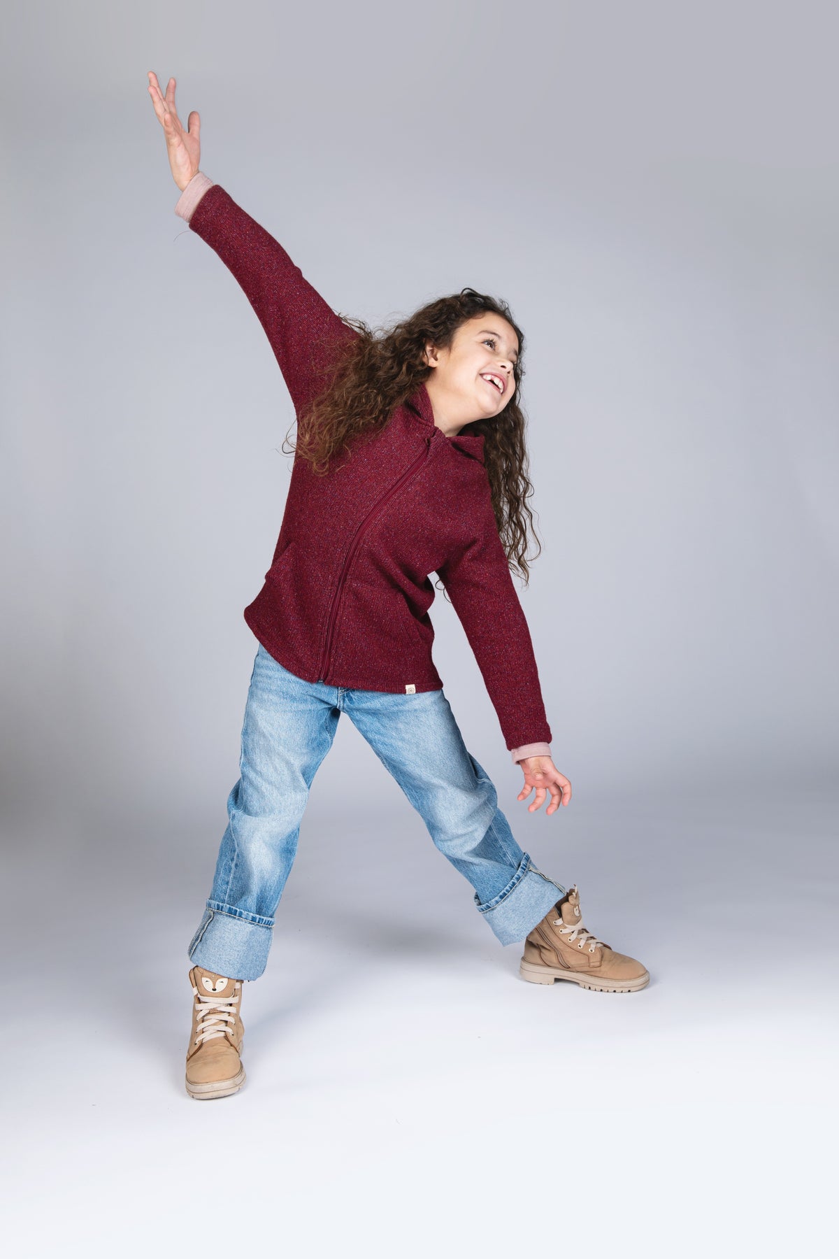 Engel Natur - Wol/Zijde Fleece Kinderjas met Capuchon en Rits - Sunset Red