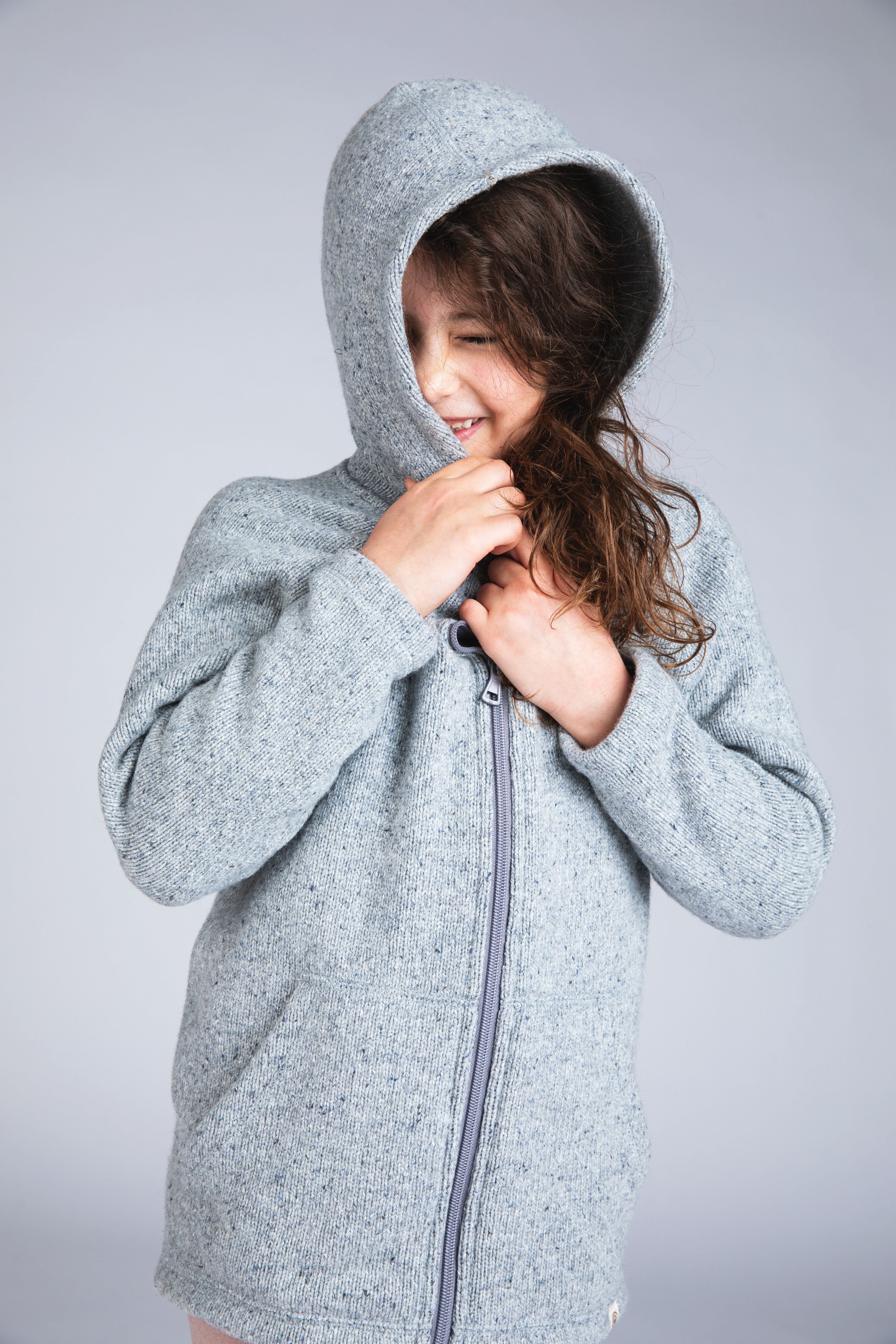 Engel Natur - Wol/Zijde Fleece Kinderjas met Capuchon en Rits - Pebble
