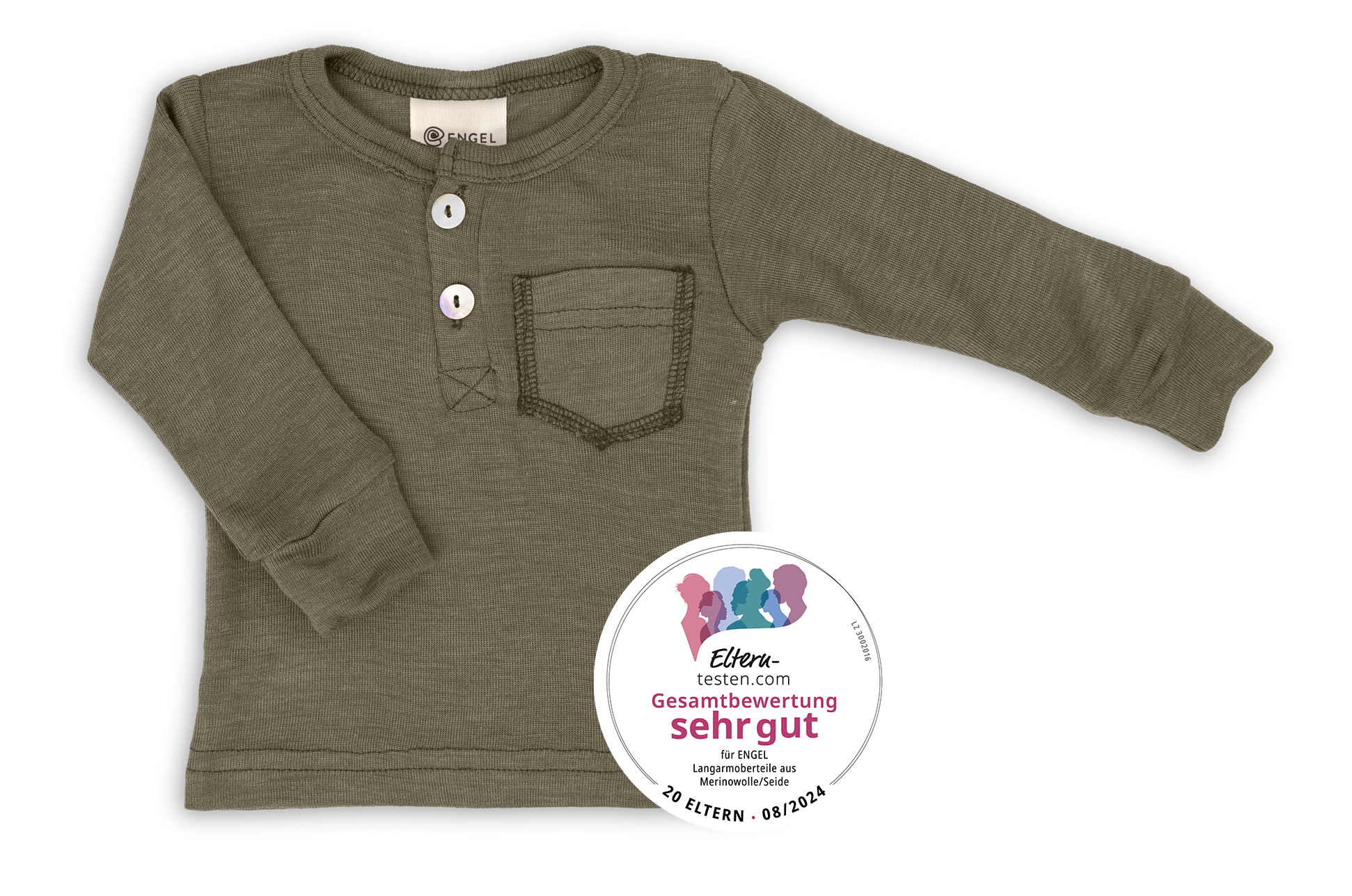 Engel Natur - Wol/Zijde Baby Shirt Lange Mouw met Knopenlijst - Olijf