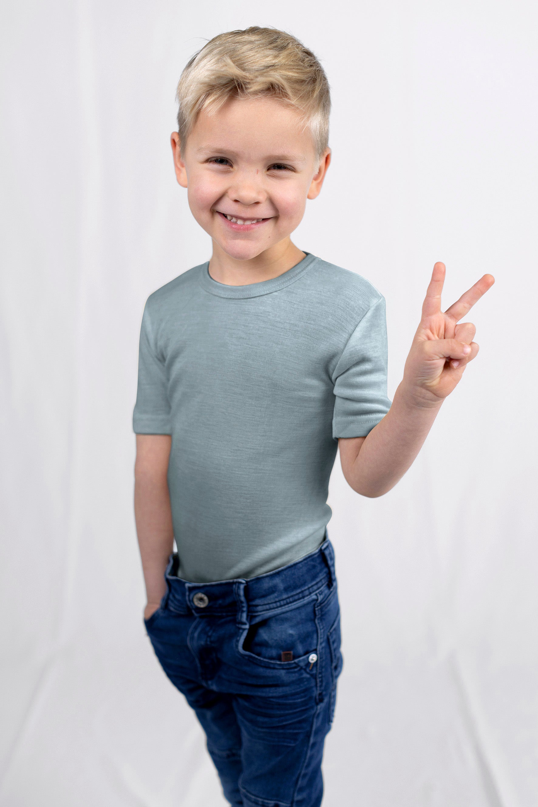 Engel Natur - Wol/Zijde Kinder Shirt Korte Mouw - Bergblauw