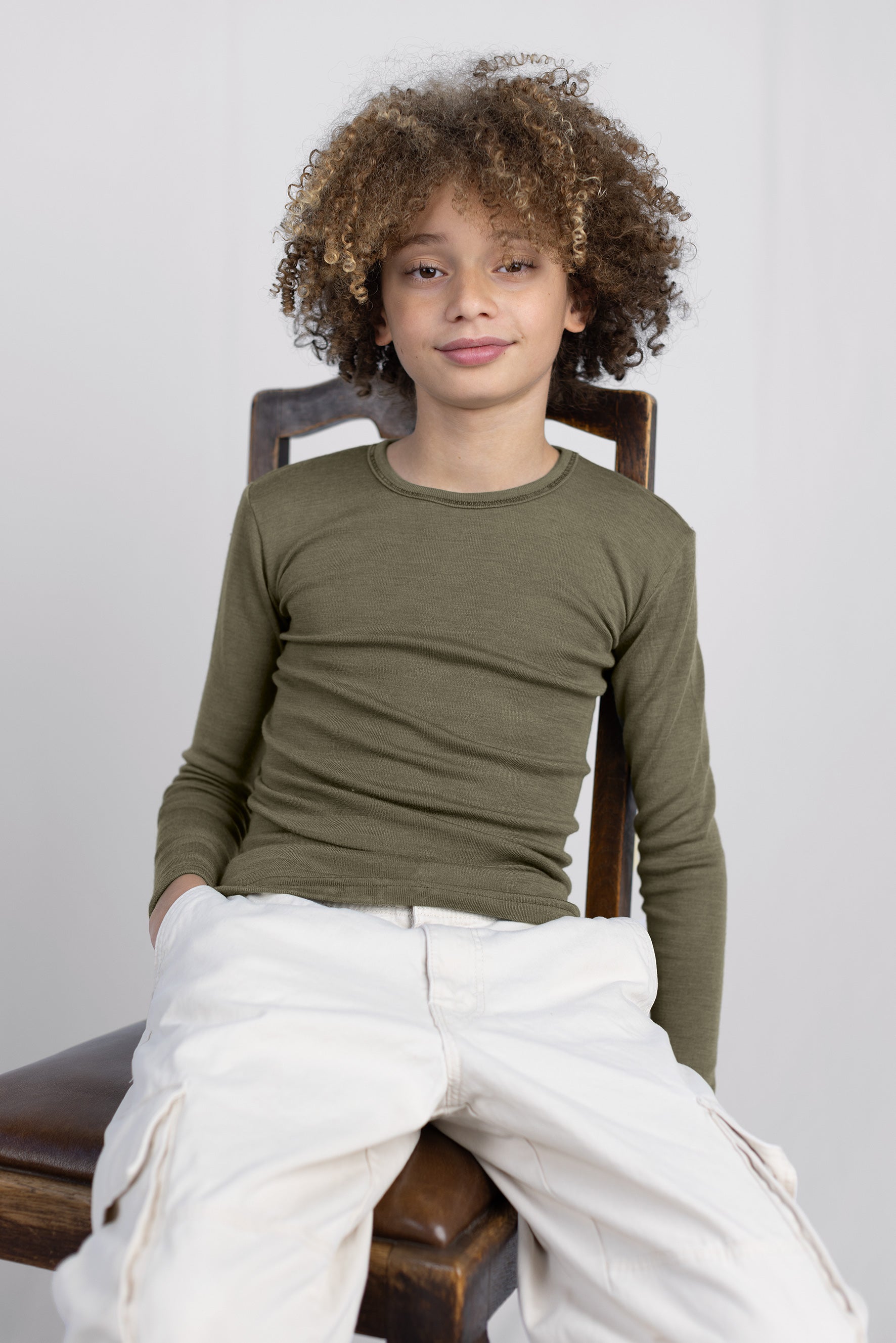 Engel Natur - Wol/Zijde Kinder Shirt Lange Mouw - Olijf