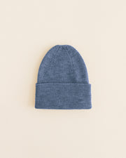 Hvid wollen newborn mutsje Fonzie denim