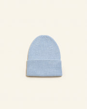Hvid wollen newborn mutsje Fonzie sky