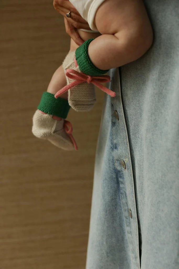 Hvid - slofjes - 100% merinowol  - Cream/Grass