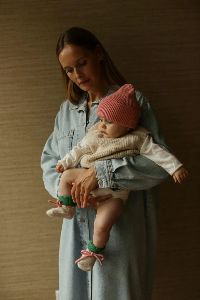 Hvid - slofjes - 100% merinowol  - Cream/Grass