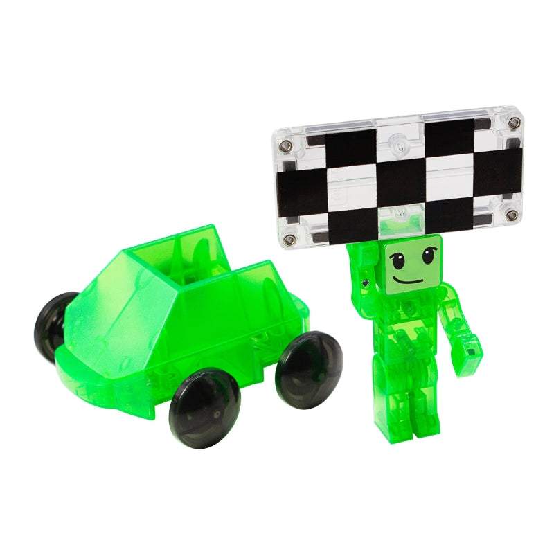 Magnetische racewagen met figuurtje en finish vlag