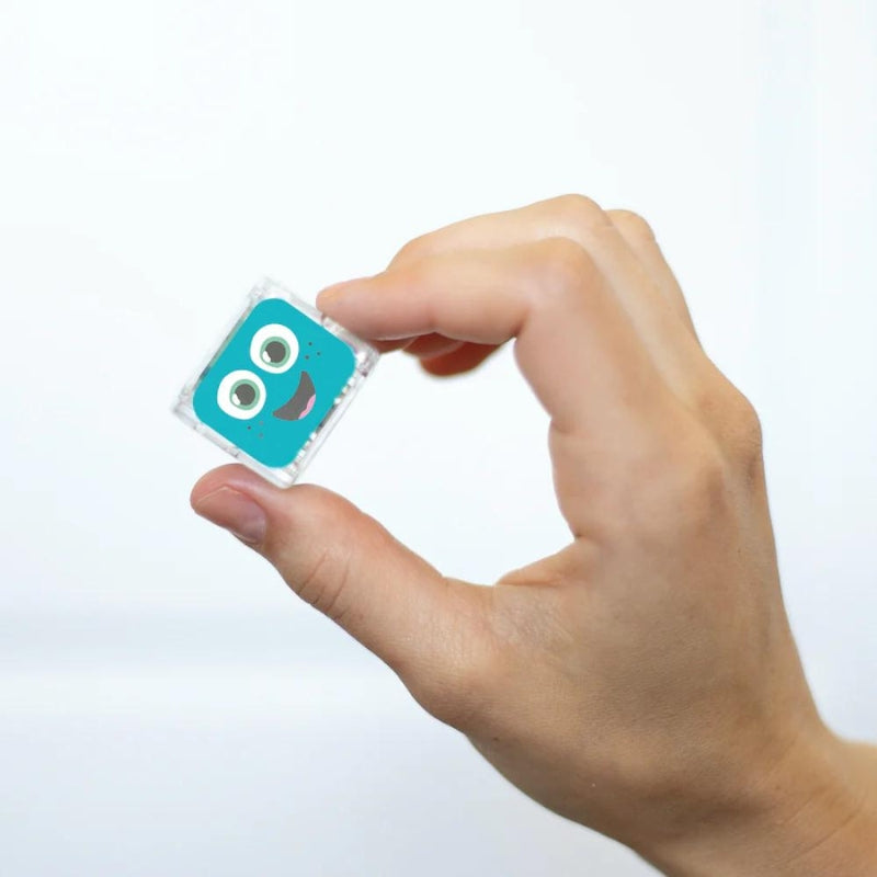 Een hand houdt het blokje Blair vast tussen zijn duim en wijsvinger.