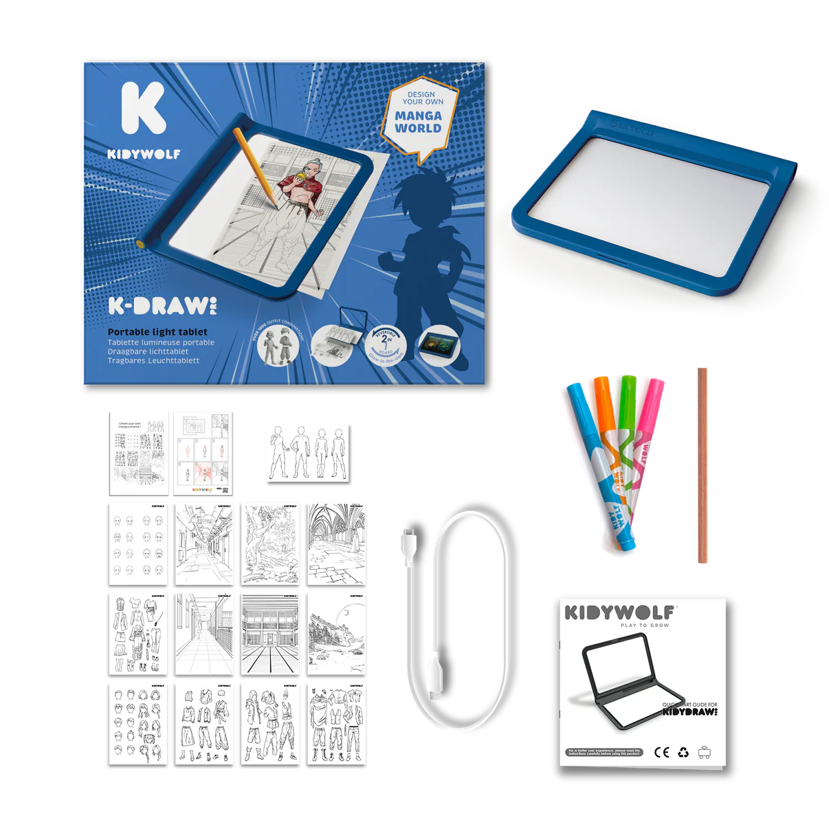 Kidywolf - Kidydraw-pro BLUE manga lichtgevende tekentablet + 4 stiften