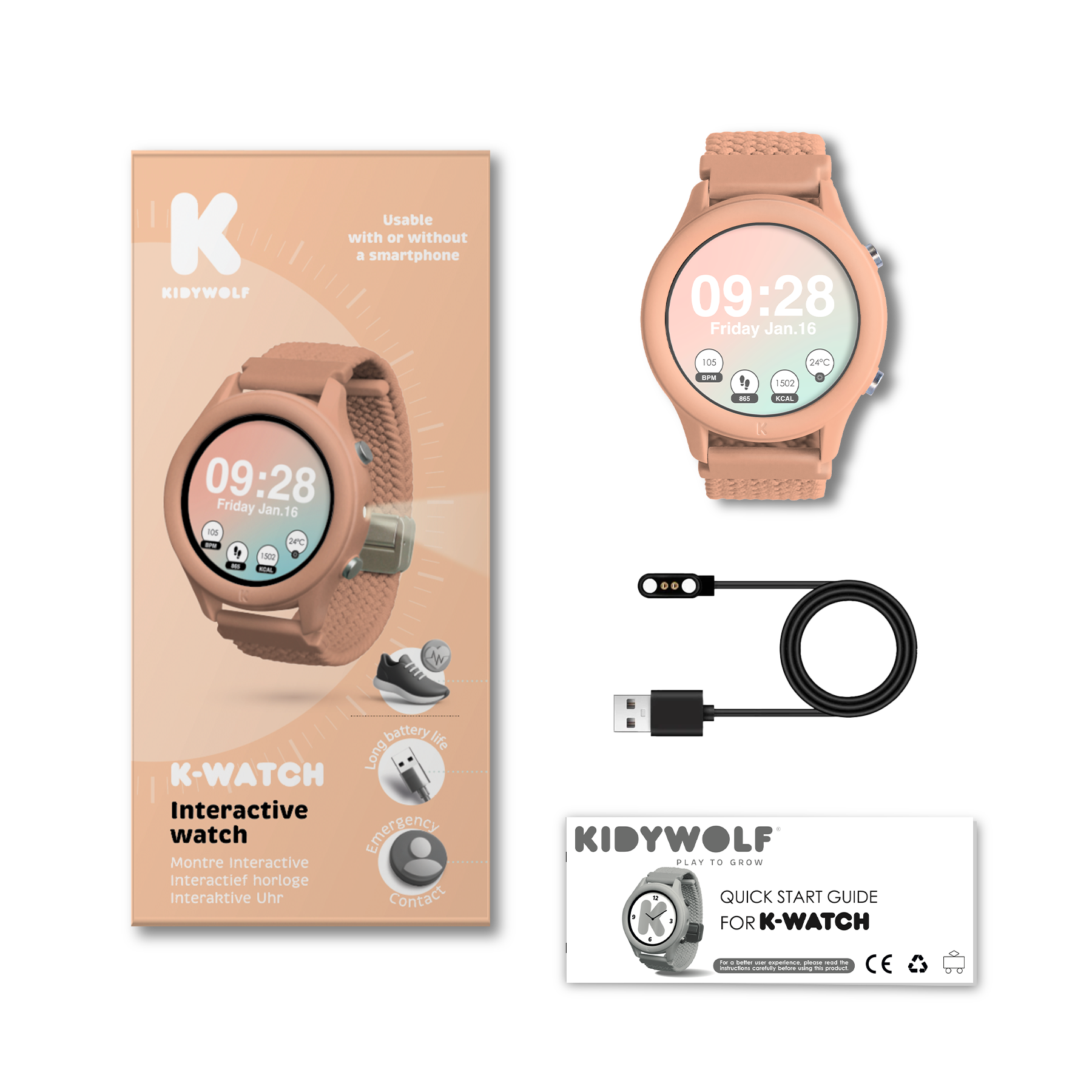 Kidywolf - KidyWatch Multifunctionele Smartwatch – Zonder spelletjes - Koraal