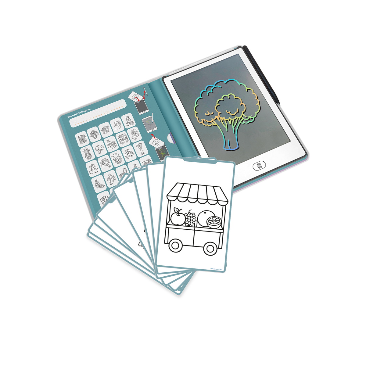 Kidydraw-mini opengeklapt met LCD-scherm, pen en 30 overtrekkaarten
