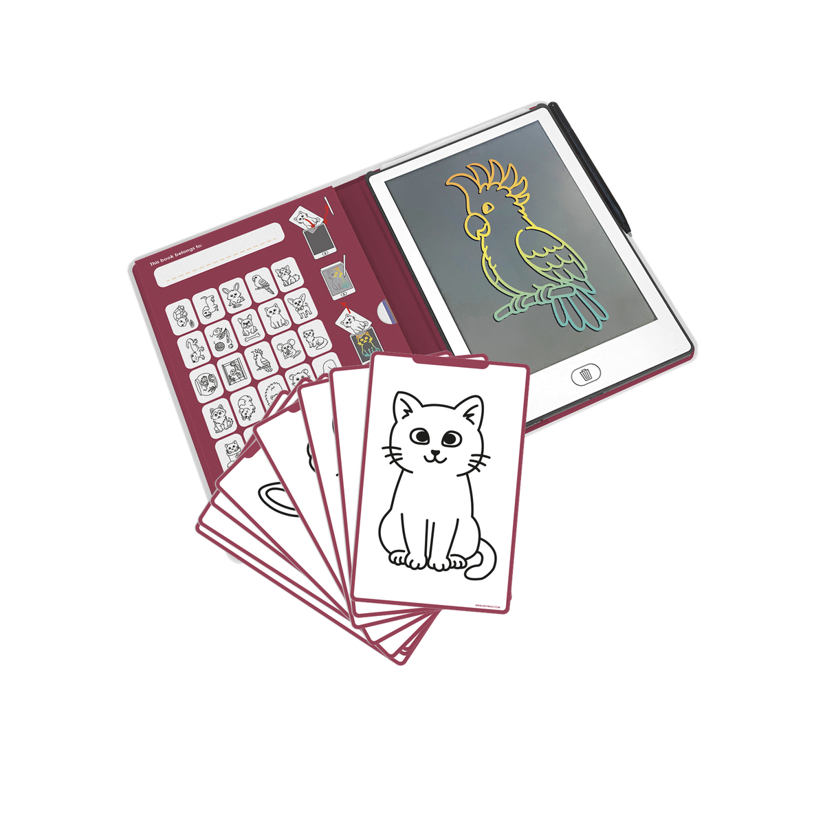 Kidydraw-mini opengeklapt met LCD-scherm, pen en 30 overtrekkaarten met huisdieren