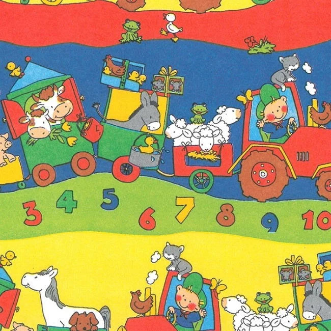 Cadeaupapier 250m x 50cm - Verjaardag kind - Boer in treintje met boerderijdieren