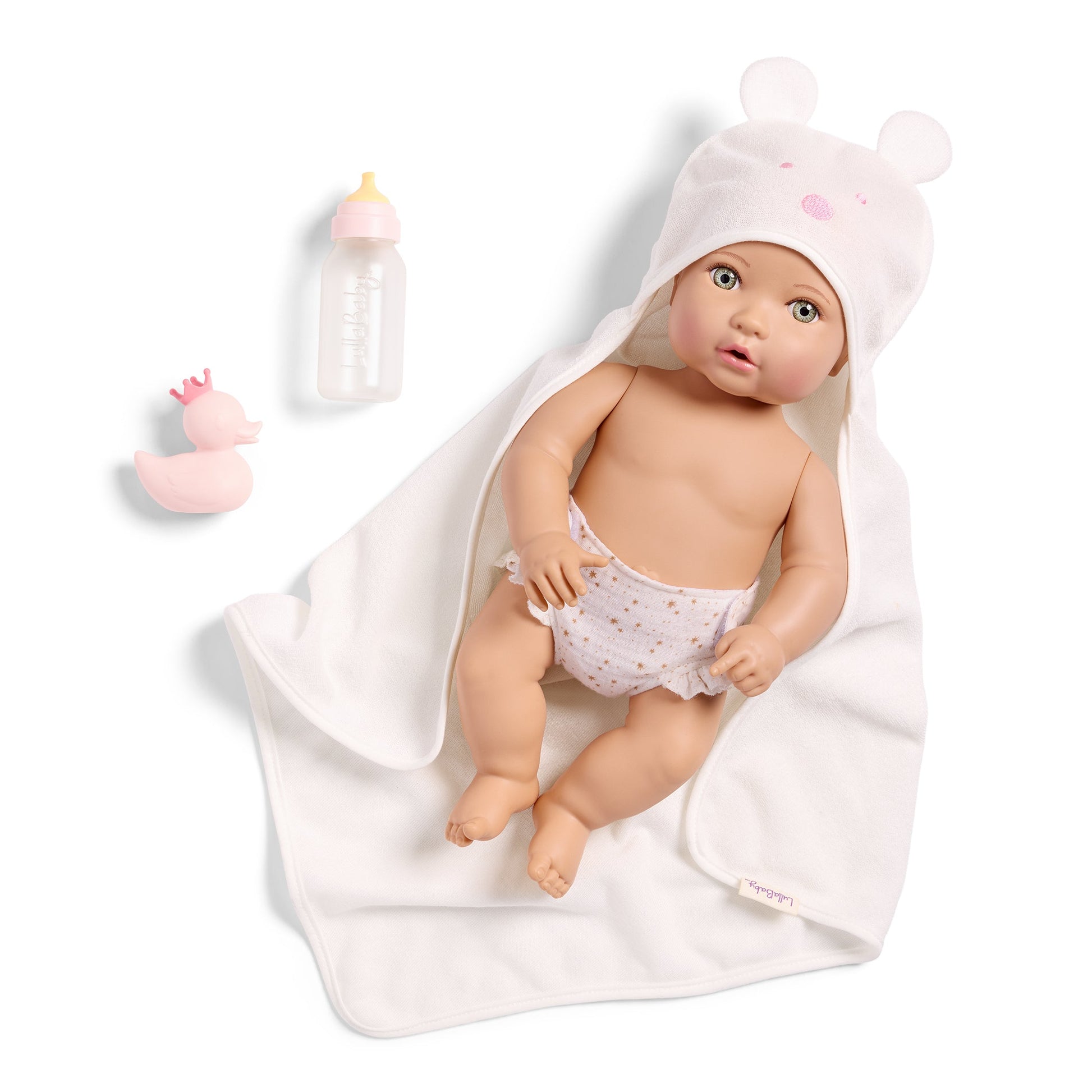 LullaBaby badpop drinkt en plast