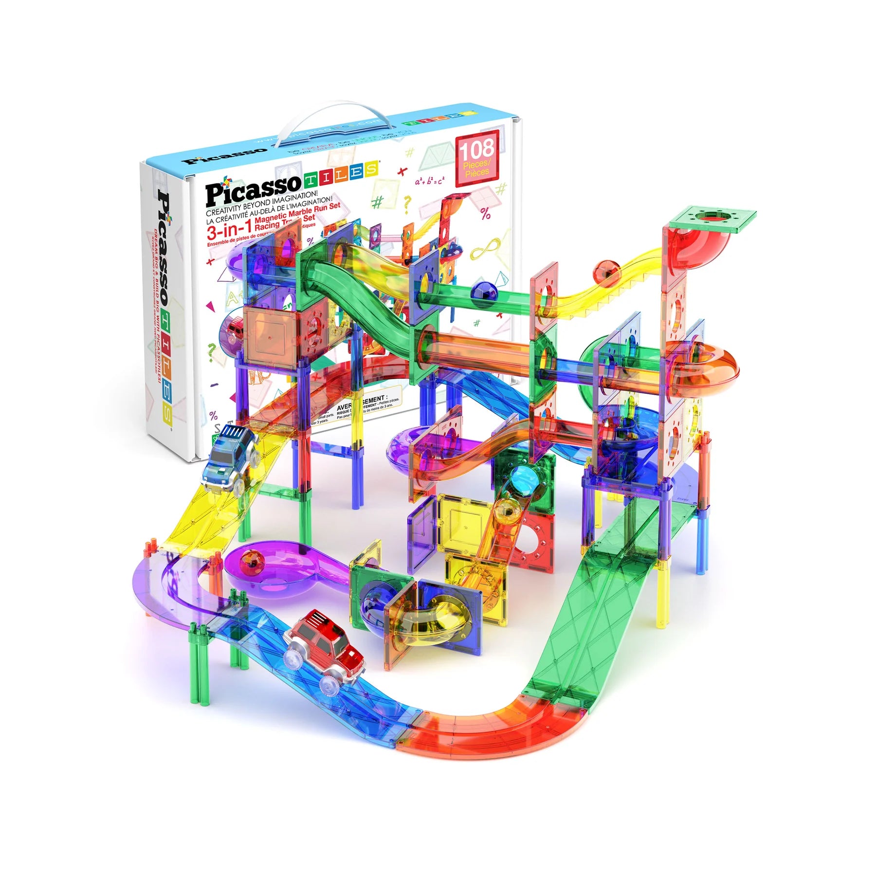 PicassoTiles - 108 stuks Knikkerbaan + Racebaan - Magnetisch constructiespeelgoed
