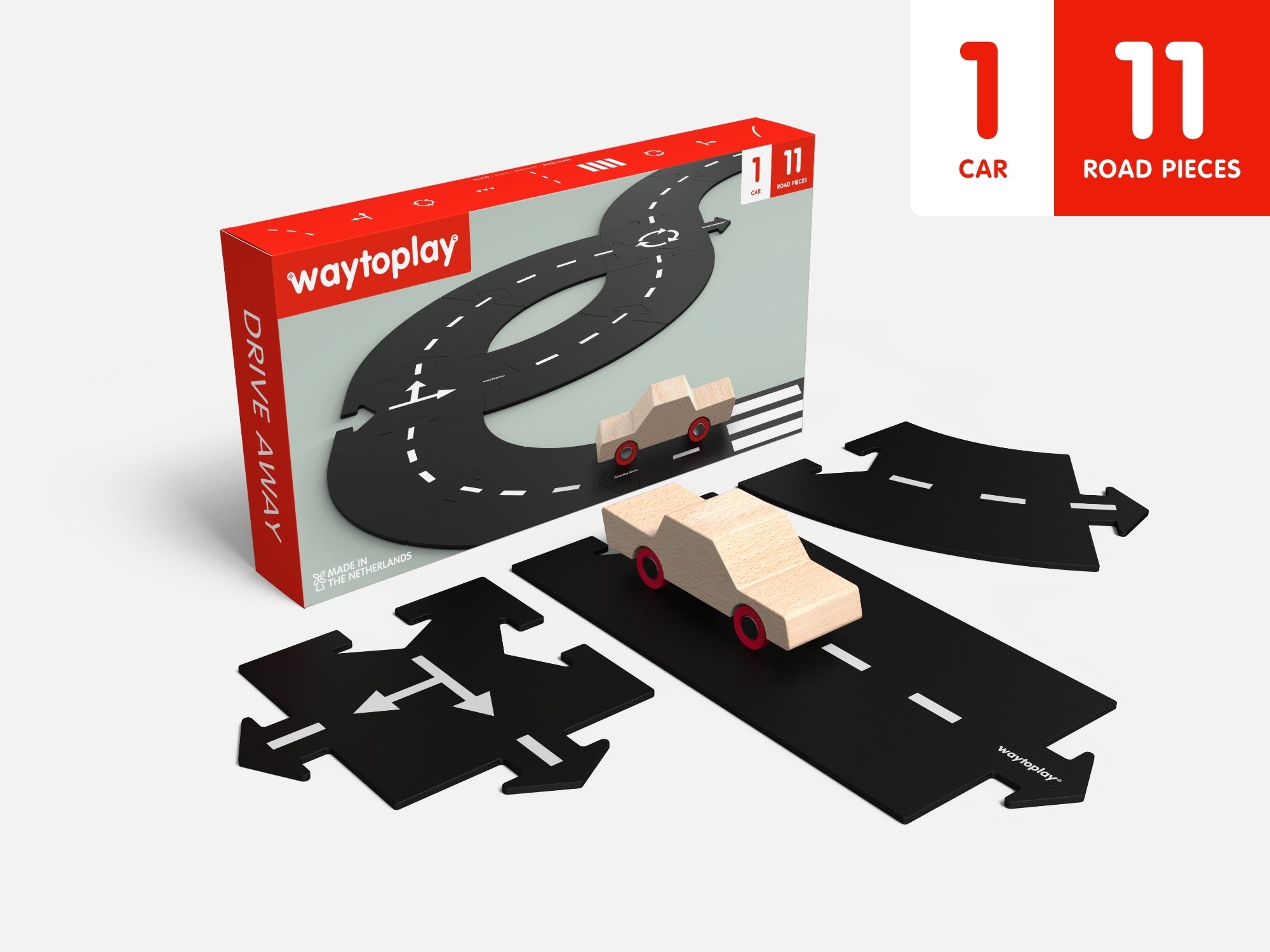 Drive Away - 11 Flexibele Wegdelen + Houten Auto | Waytoplay