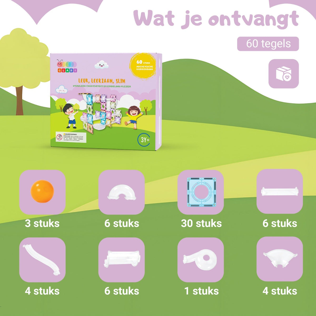 Gladi Tiles knikkerbaan Pastel 60 stuks