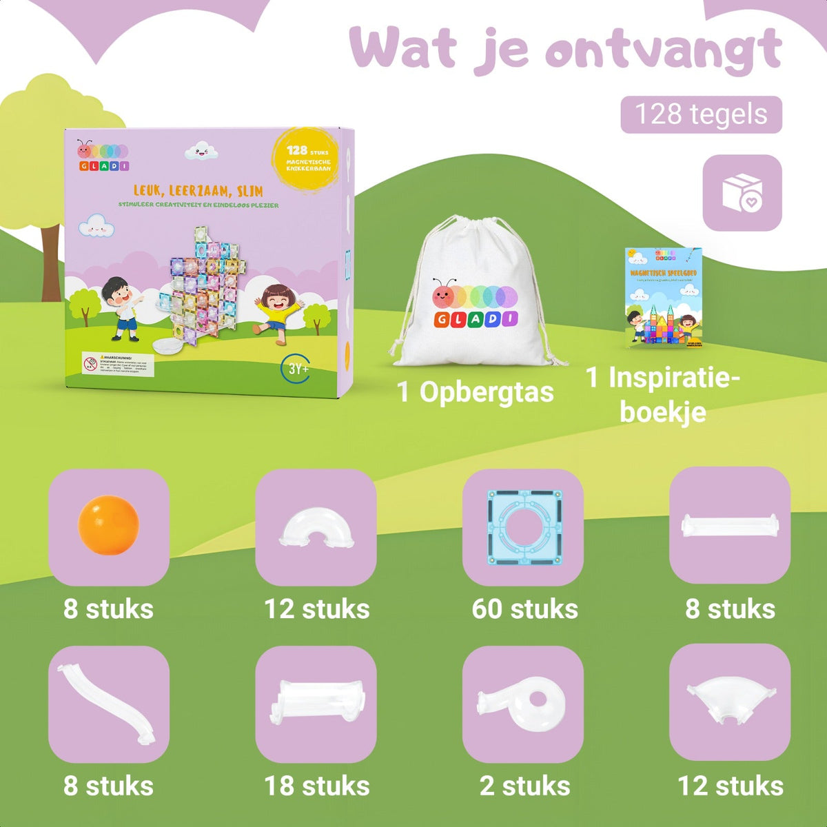 Gladi Tiles knikkerbaan Pastel 128 stuks