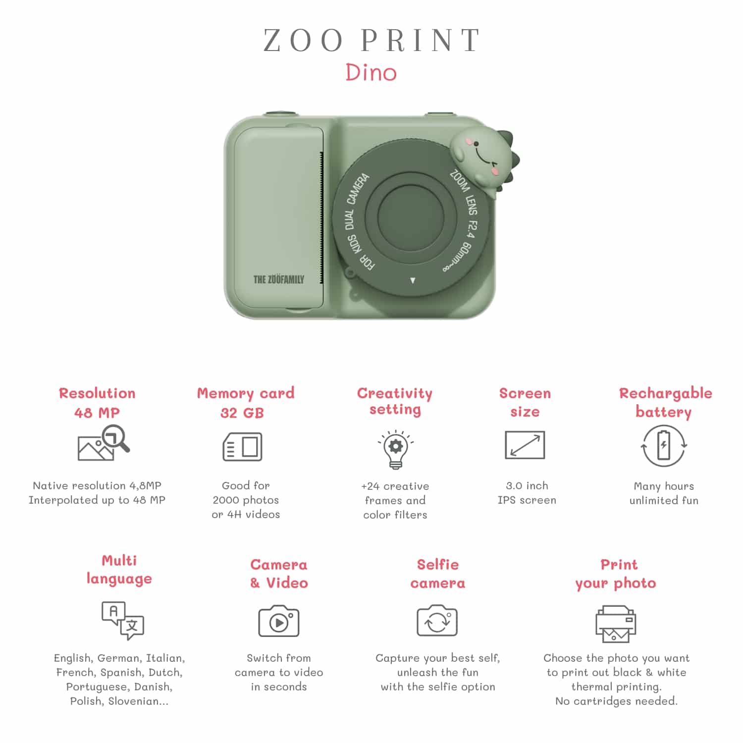 The Zoofamily - Zoo Print Dino Green - digitale kindercamera met ingebouwde printer