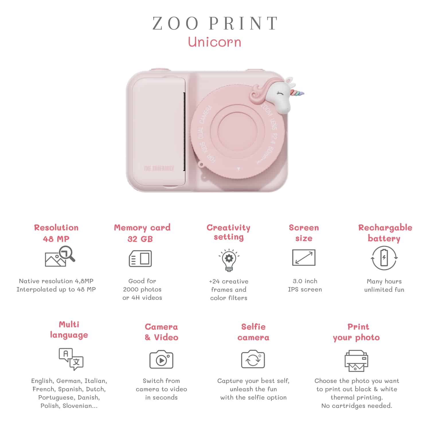 The Zoofamily - Zoo Print Unicorn - digitale kindercamera met ingebouwde printer