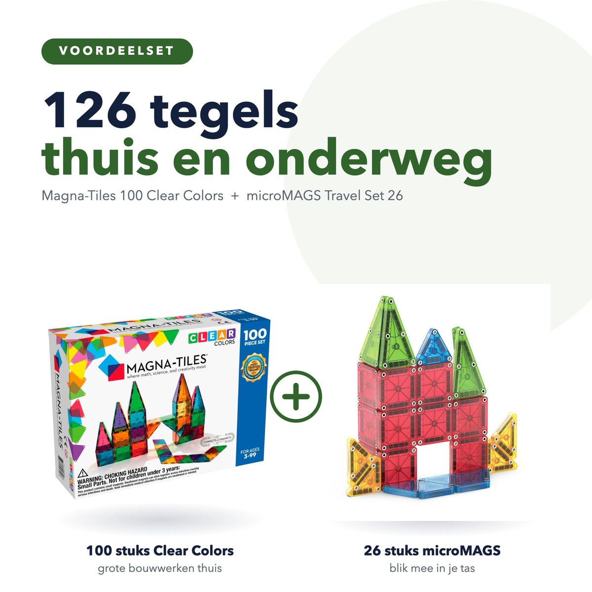 Magna-Tiles voordeelset: 100 stuks Clear Colors en 26 stuks microMAGS Travel Set