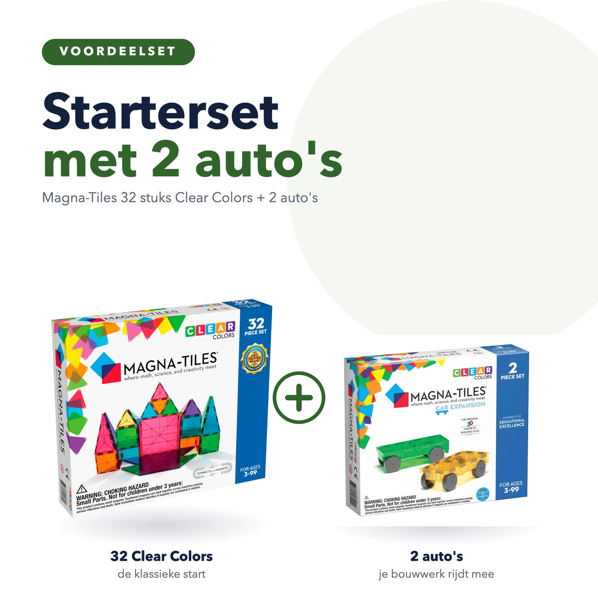 Magna-Tiles voordeelset 32 stuks Clear Colors en 2 auto's