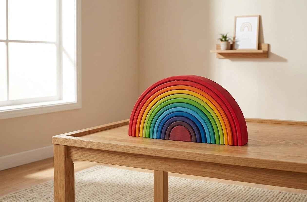 Grimm's - Houten Regenboog Stapelaar Groot (12-delig) 38cm sfeerfoto