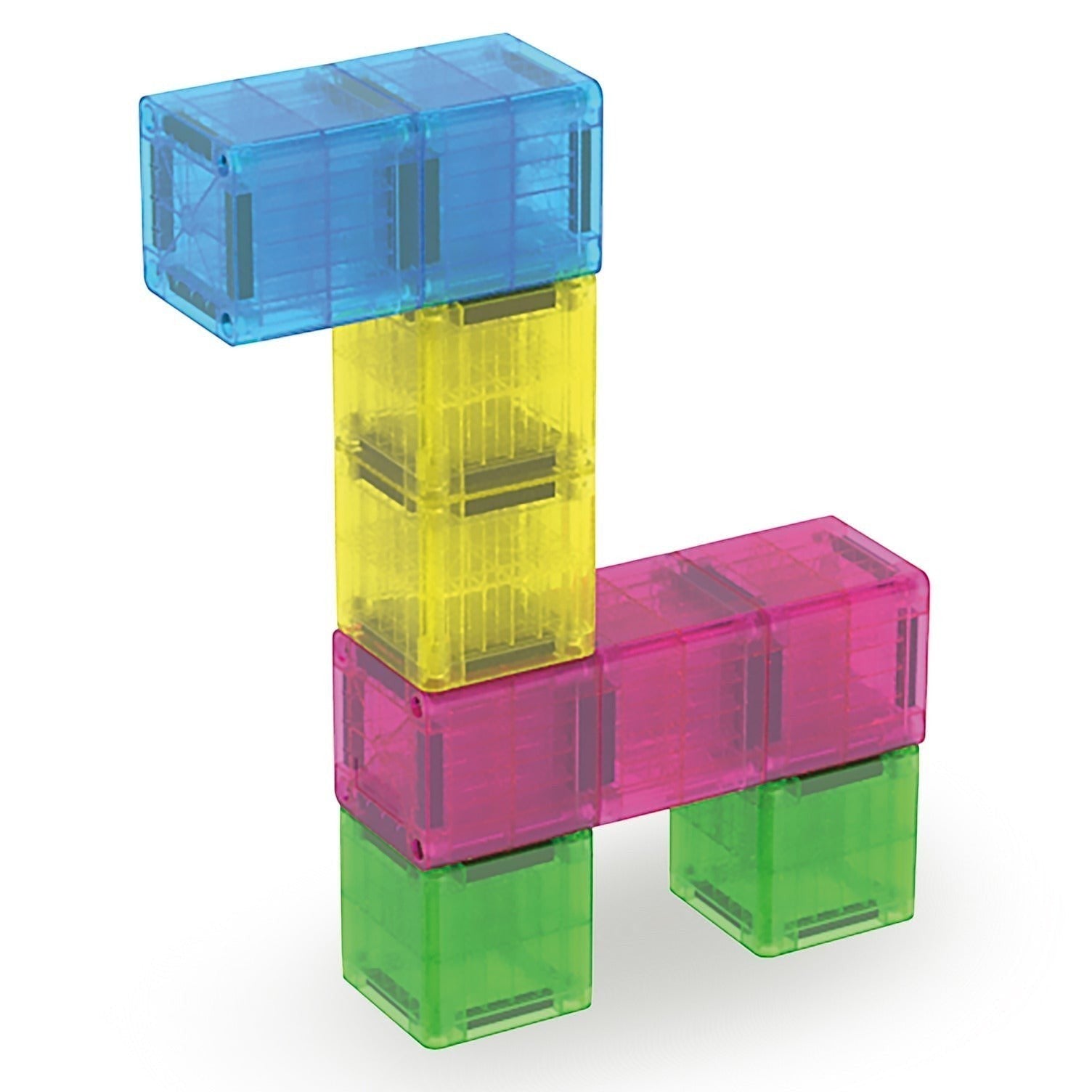 Kinder Wonderland Magna-Tiles Cubes in diverse transparante kleuren gestapeld tot een stabiele 3D-figuur