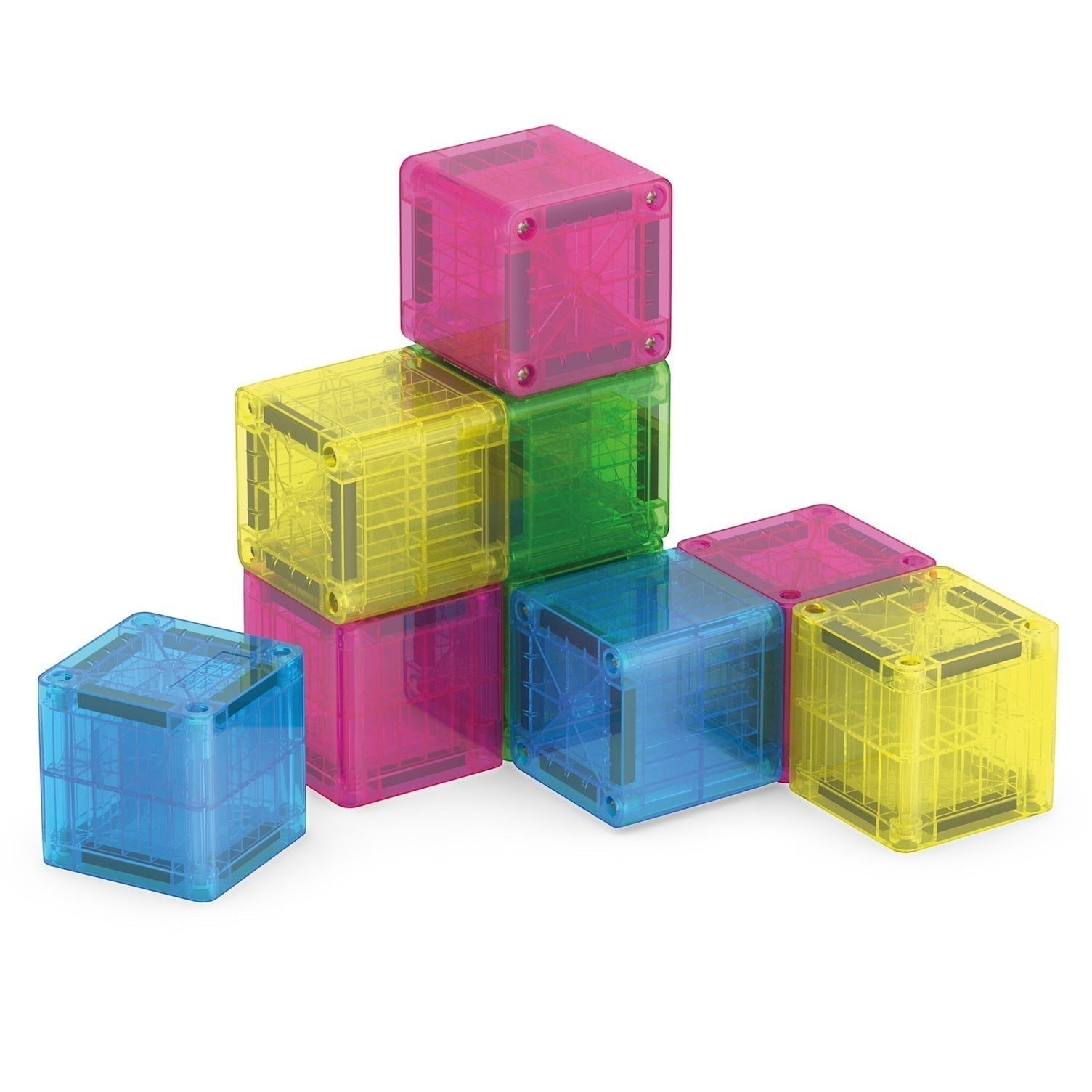Kinder Wonderland Magna-Tiles Cubes set met kleurrijke, doorzichtige magnetische bouwblokken in roze, groen, blauw en geel.