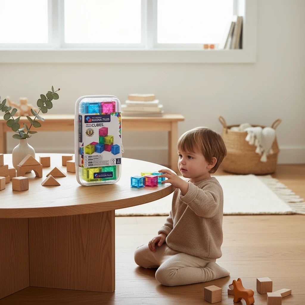 Kind speelt met kleurrijke Magna-Tiles Cubes op een houten tafel in een Kinder Wonderland interieur