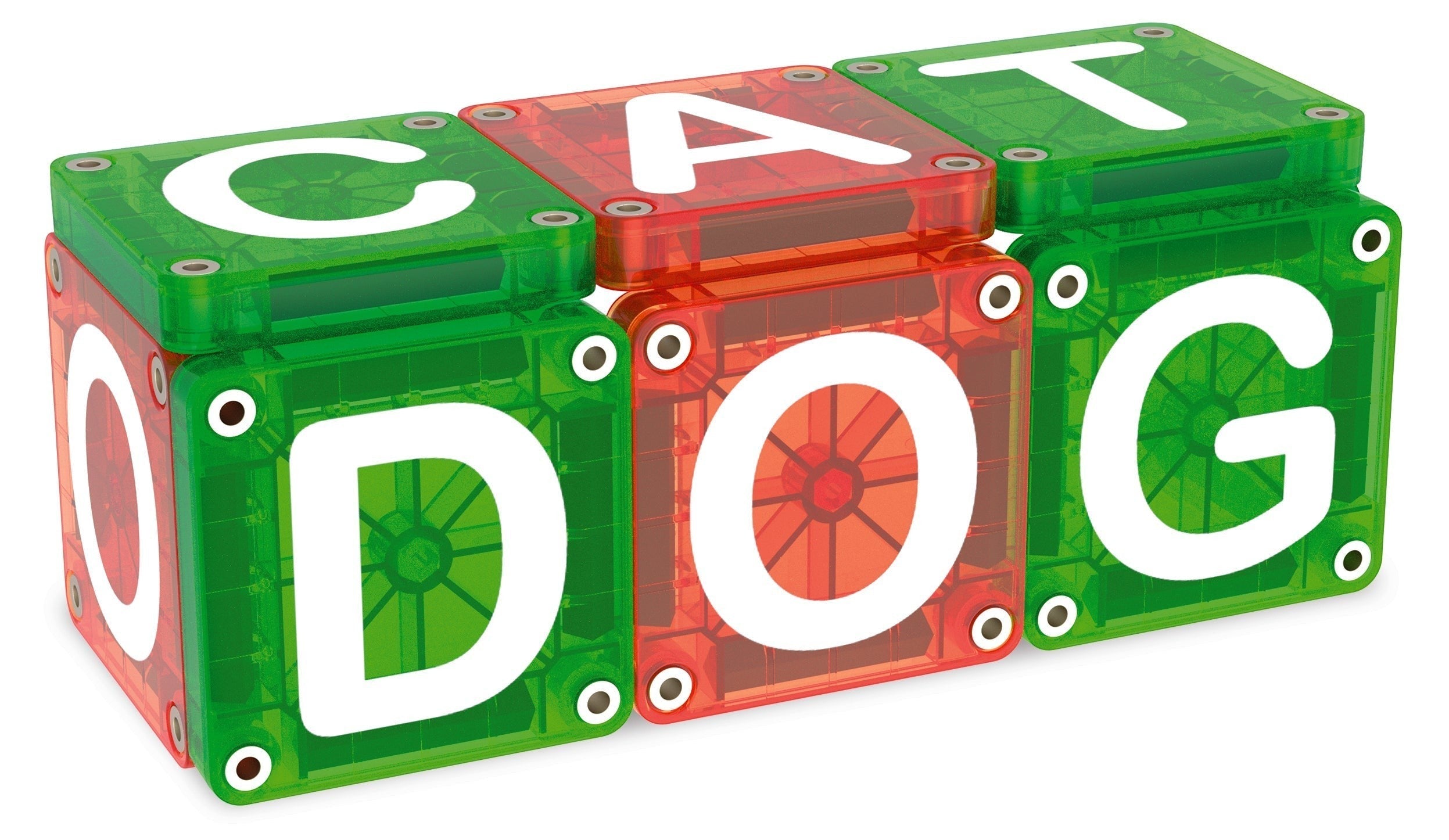 Kinder Wonderland Magna-Tiles magnetische lettertegels in groen en rood vormen de woorden CAT en DOG