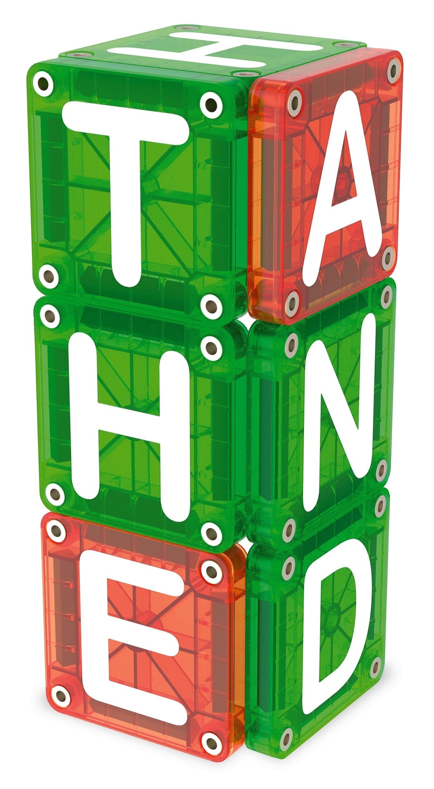 Kinder Wonderland Magna-Tiles magnetische lettertegels in rood en groen gestapeld tot het woord HAND