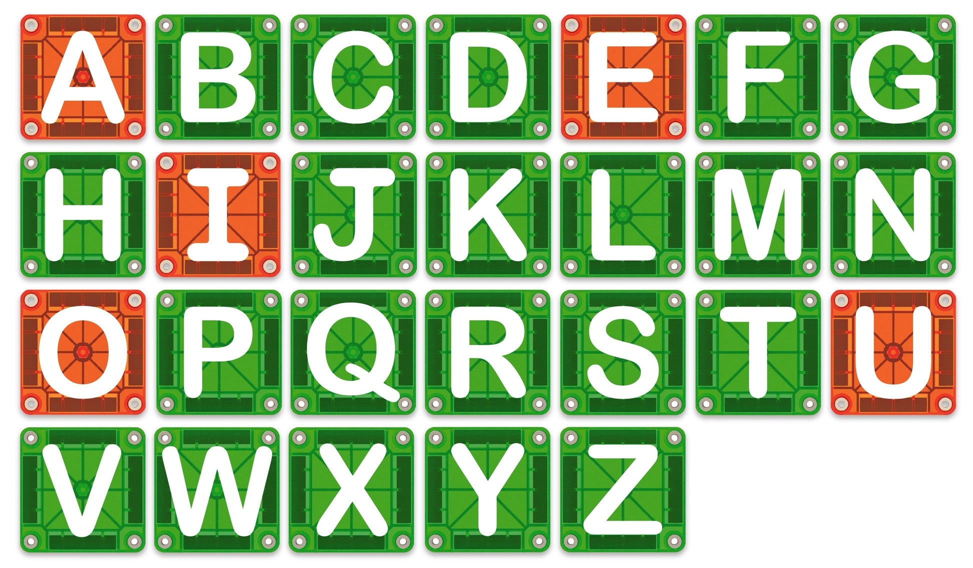 Kinder Wonderland Magna-Tiles magnetische letterset met het volledige alfabet in groen en oranje tegels voor educatief spel