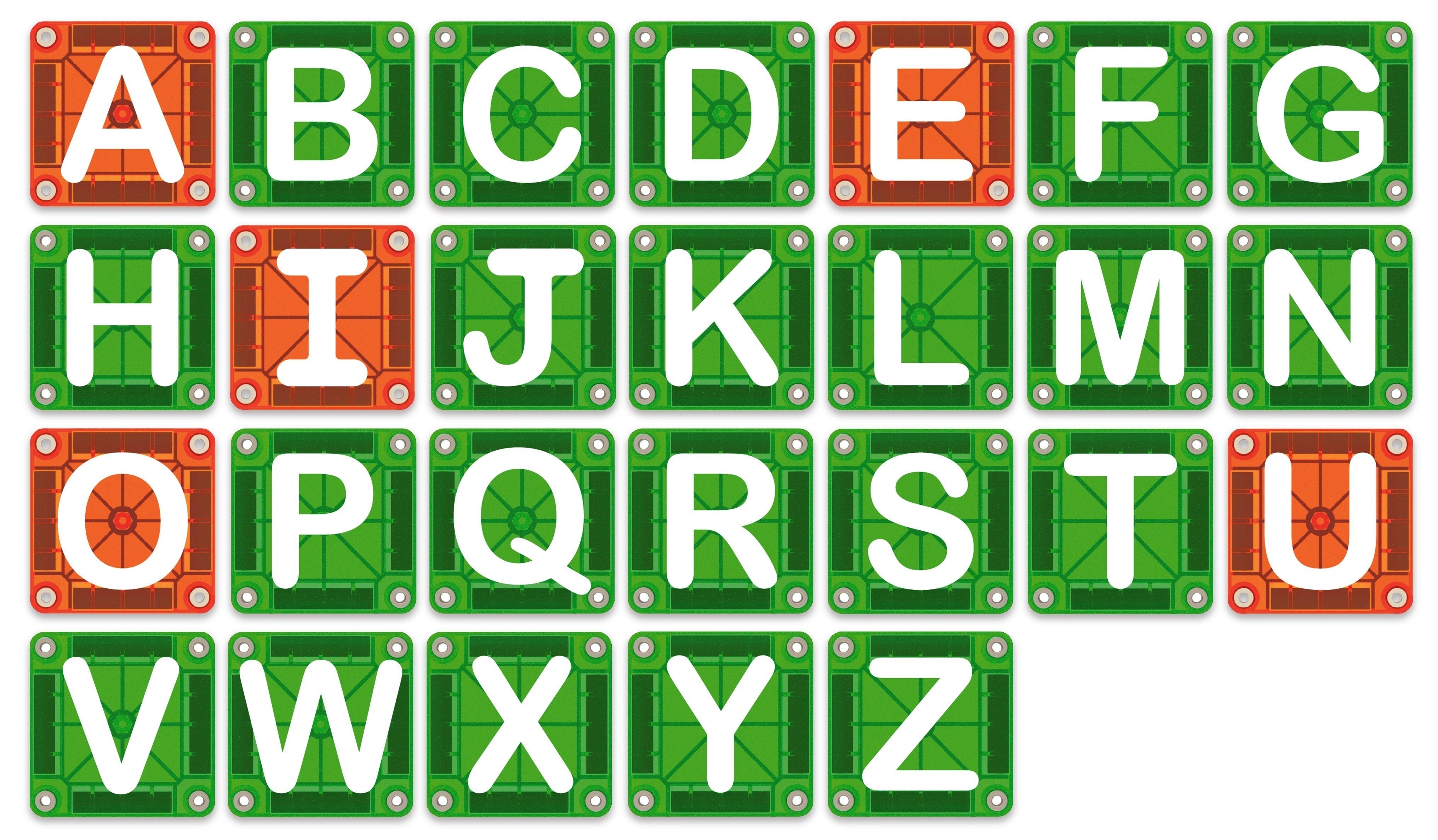 Kinder Wonderland Magna-Tiles magnetische letterset met het volledige alfabet in groen en oranje tegels voor educatief spel