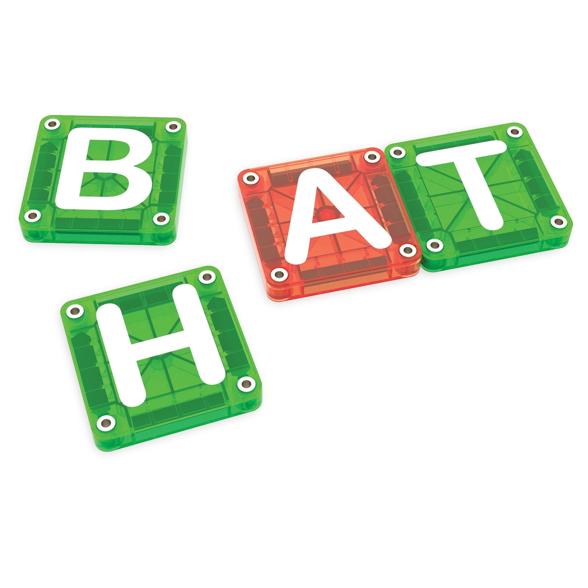 Kinder Wonderland Magna-Tiles magnetische lettertegels in groen en rood die het woord BAT vormen op een witte achtergrond