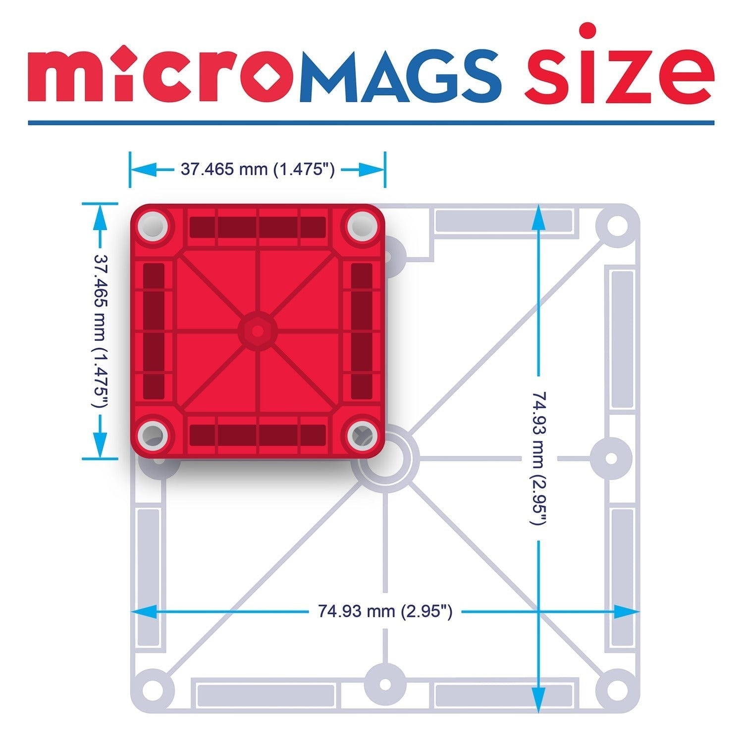 Kinder Wonderland Magna-Tiles Micromags rode magnetische tegel met afmetingen voor educatief constructiespeelgoed