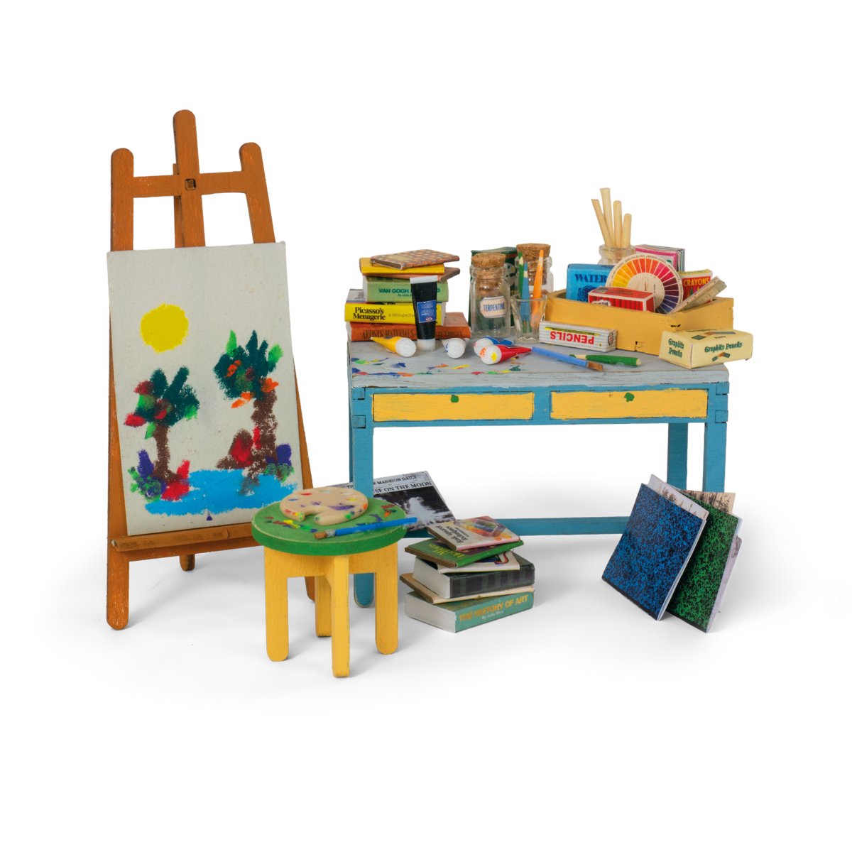 Miniatuur atelier met ezel en palet