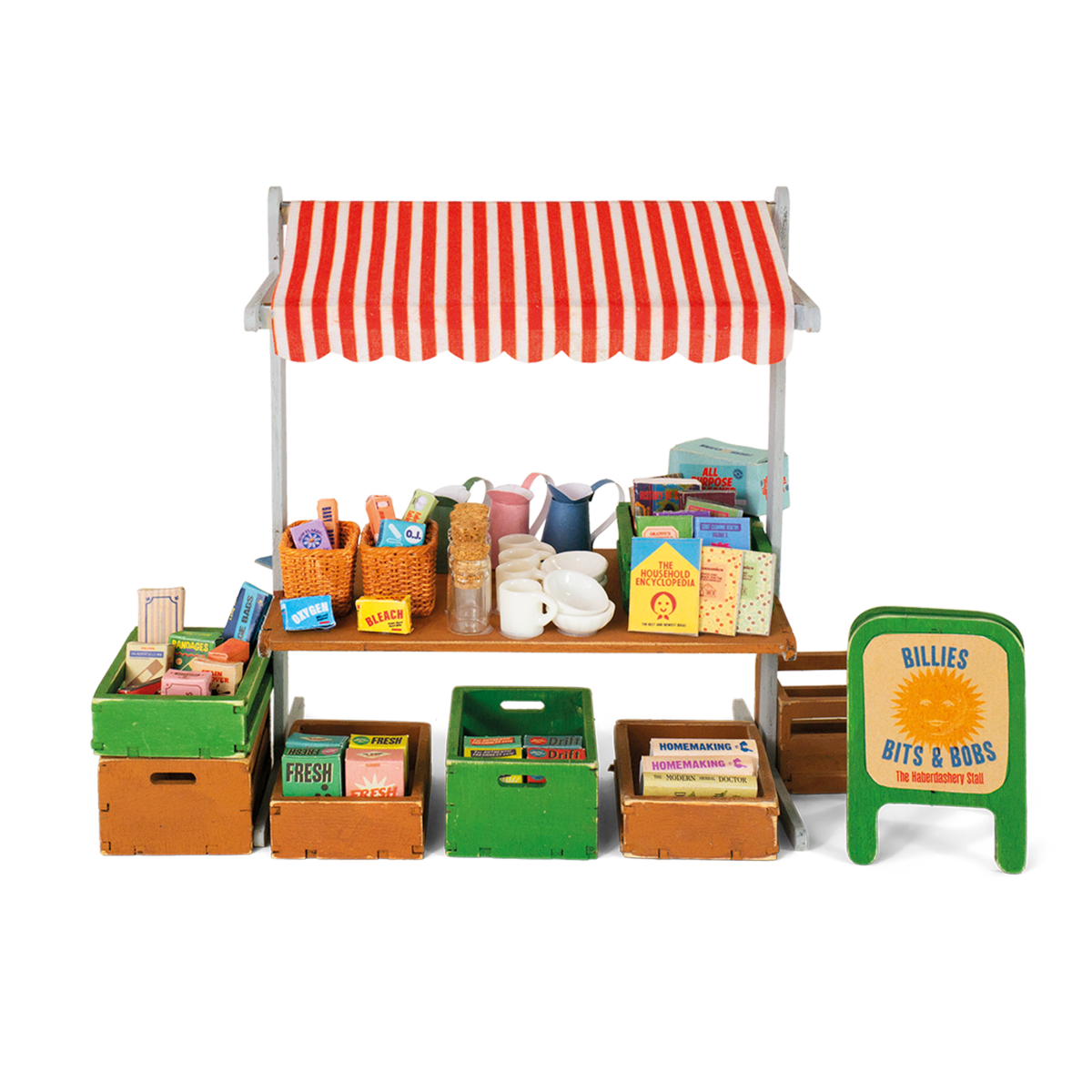 Miniatuur marktkraam met luifel en kratjes