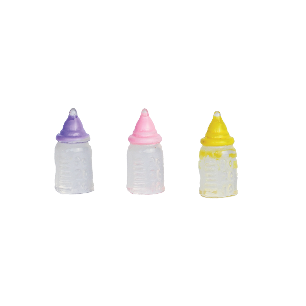 Drie miniatuur babyflesjes in vintage doosje