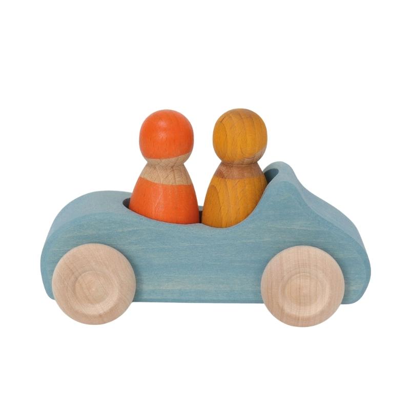 Grimm's - Houten auto blauw met 2 poppetjes